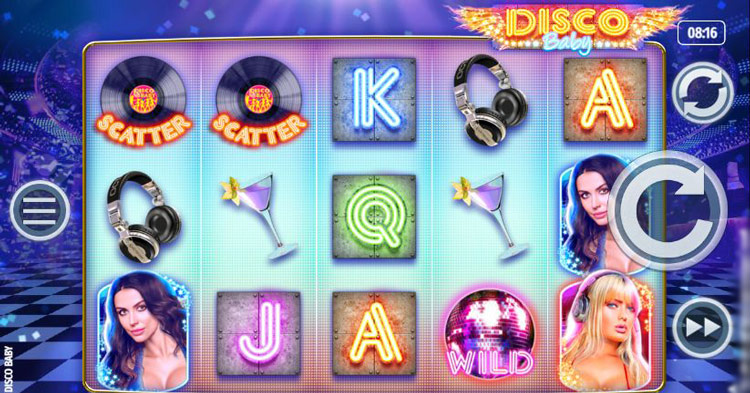 Игровое поле слота Disco Baby — 5 барабанов, диско-символы, зеркальный шар, 15 линий выплат