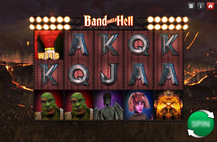 Рок-сцена в стиле Band Outta Hell с демонической группой, барабанами и огненными колонками