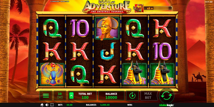 Сетка барабанов Book of Adventure с символами исследователя и книги на экране