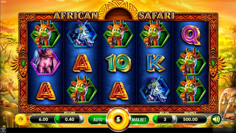 Игровой экран слота African Safari с символами животных на барабанах