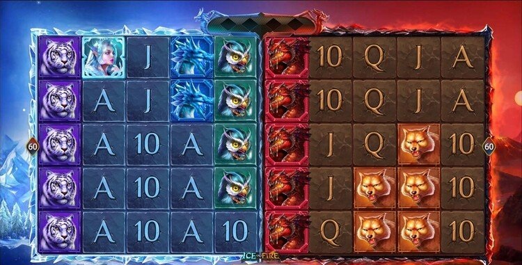 Интерфейс игрового автомата Ice and Fire с разделением на ледяную и огненную половины