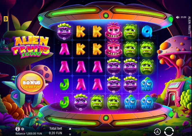 Игровое поле слота Alien Fruits с инопланетными фруктами на космическом фоне