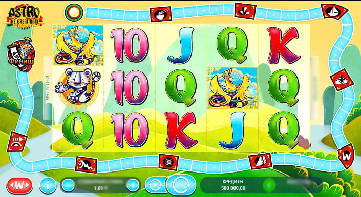 Игровое поле слота Astro The Great Race с неоновым городом на фоне