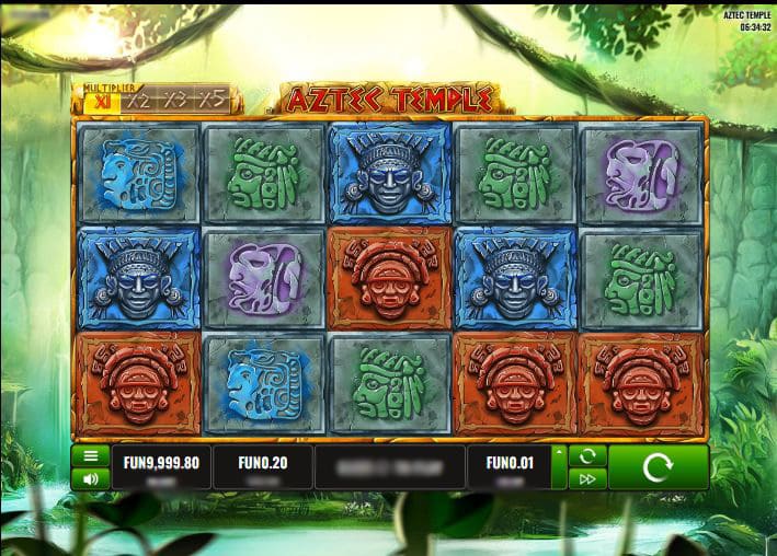 Интерфейс слота Aztec Temple с барабанами на фоне ацтекского храма