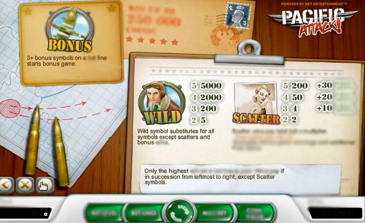Игровой интерфейс слота Pacific Attack — барабаны на фоне облачного неба, символы военной тематики
