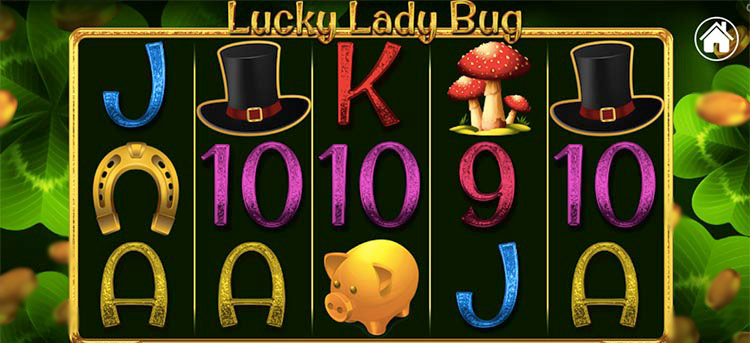 Главный экран игрового автомата Lucky Lady Bug с изображением божьей коровки и золотых монет