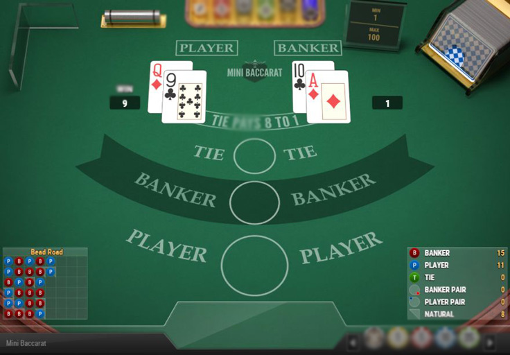 Раздача карт в Mini Baccarat: руки Игрока и Банкира на зеленом столе