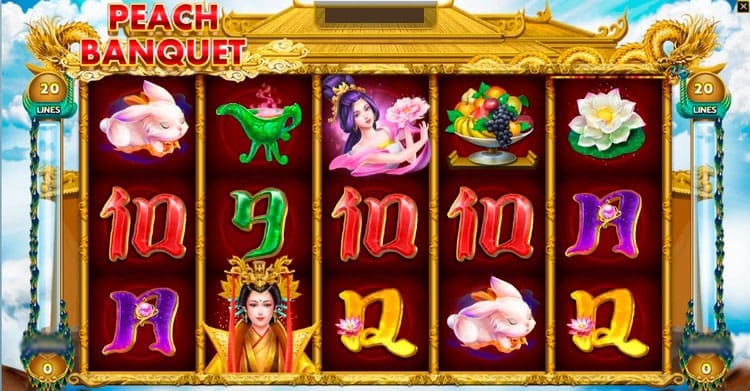 Интерфейс игрового автомата Peach Banquet с барабанами на фоне восточного сада