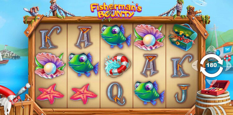 Игровое поле слота Fishermans Bounty — 5 барабанов, рыболовная тематика, 50 линий выплат