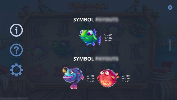 Символы слота Fishermans Bounty — рыба, удочка, сапоги, лодка и карточные символы на барабанах