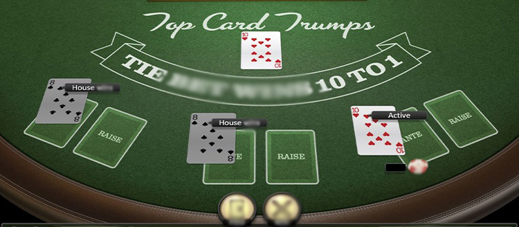 Игрок сидит за виртуальным столом Top Card Trumps, на экране его карта и карта дилера