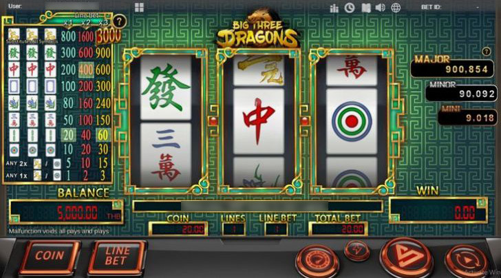 Рабочая область слота Big Three Dragons с тремя вертикалями и драконьими символами