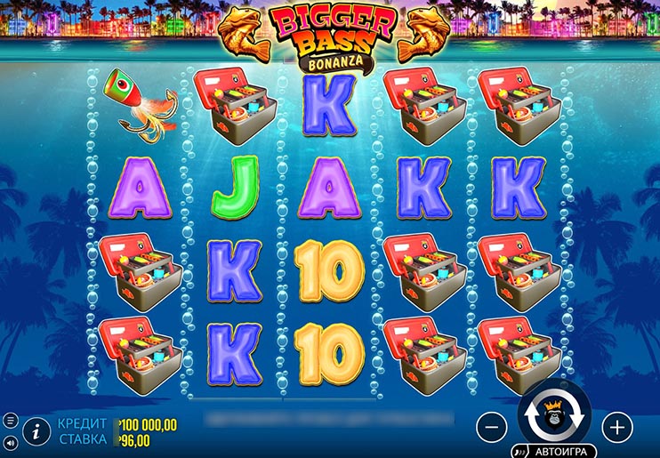 Игровое поле Bigger Bass Bonanza с тропическим пейзажем