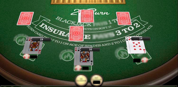 Пример игры в 21 Burn Blackjack на три руки с разными решениями игрока