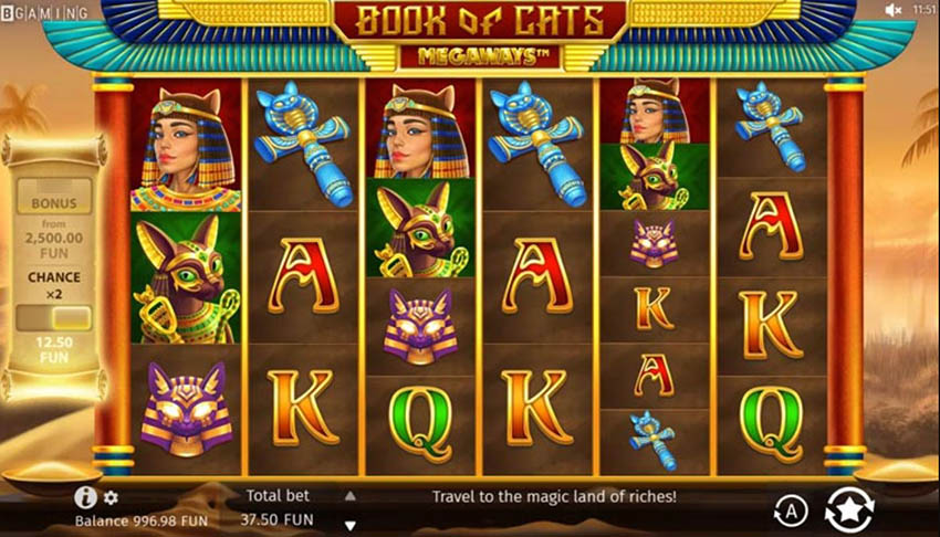 Главный экран Book of Cats с шестью барабанами и египетскими кошками-божествами