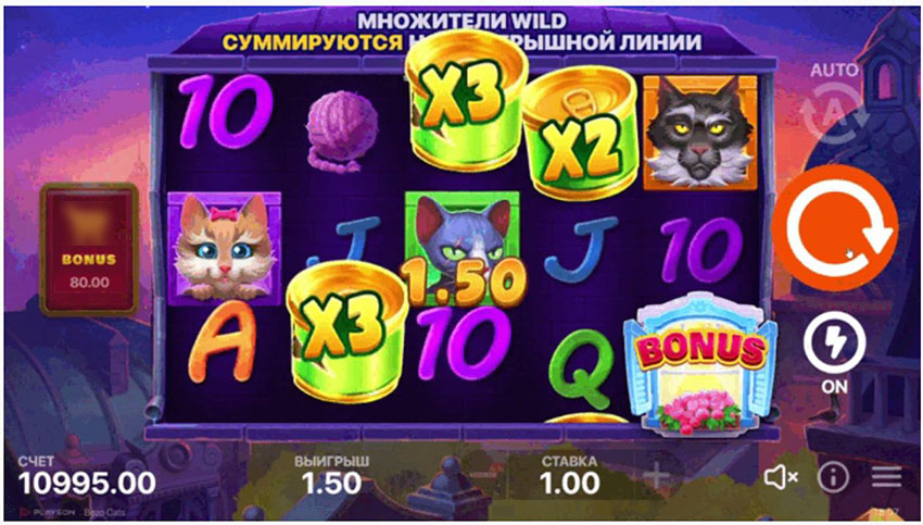 Игровое поле слота Bozo Cats с котами и игрушками