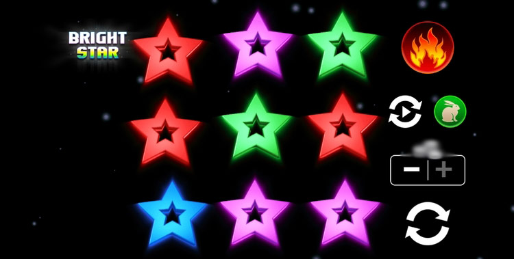 Игровой автомат Bright Star — неоновые звезды парят на фоне черного космоса, центральный барабан подсвечен радужным вайлдом