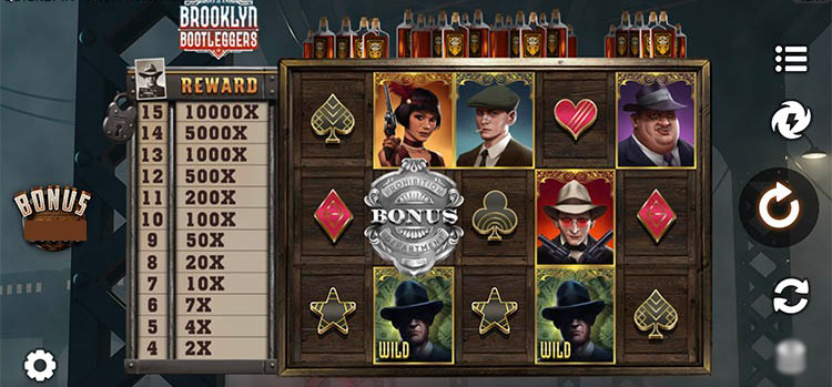 Игровое поле слота Brooklyn Bootleggers с бандитской тематикой'