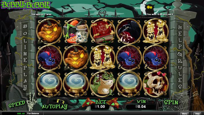 Игровой автомат Bubble Bubble - главный экран с ведьмой и магическими символами