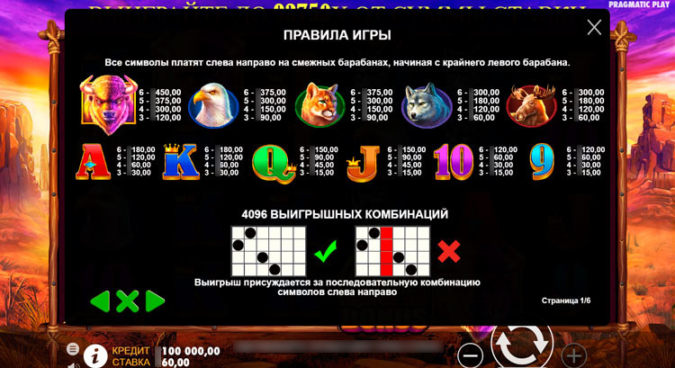 Таблица выплат Buffalo King с изображениями животных и коэффициентов