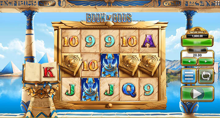 Игровое поле слота Book Of Gods с барабанами, книжным символом и египетским фоном