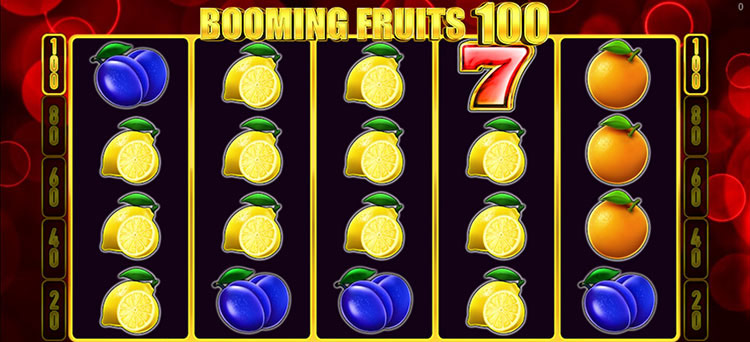 Игровое поле Booming Fruits 100 с выделенными 100 линиями выплат и яркими фруктовыми символами
