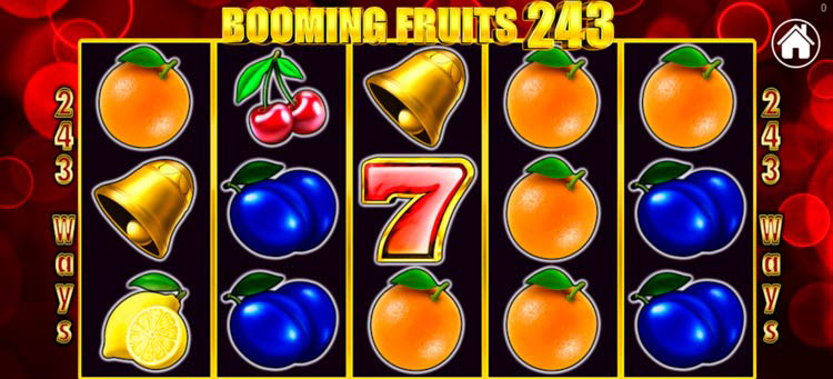 Игровой автомат Booming Fruits 243 — яркие фруктовые символы на пяти барабанах, сочная графика, фон в классическом стиле