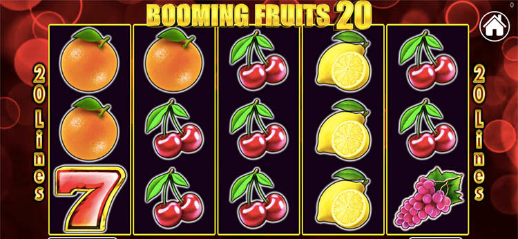 Игровое поле Booming Fruits 20 с фруктами, семерками и звездами на ярком фоне