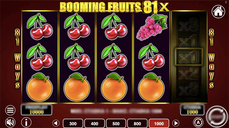 Игровое поле Booming Fruits 81x с фруктовыми символами и отдельным барабаном множителей