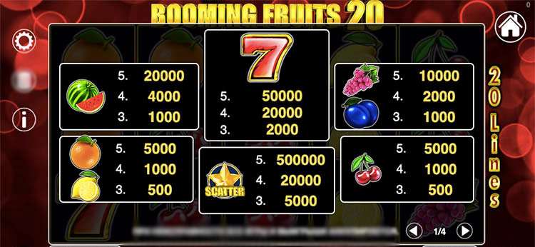 Booming Fruits 20 на экране смартфона с фруктовыми символами, семерками и звездами