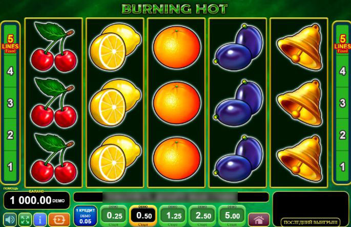 Игровой автомат Burning Hot с классическими фруктовыми символами на пяти барабанах