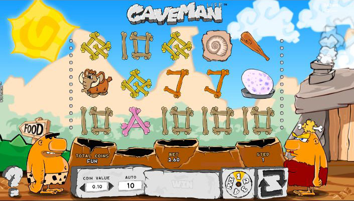 Игровое поле слота Caveman с символами пещерного человека и доисторических животных