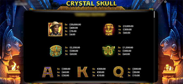 'Таблица выплат Crystal Skull с символами леди, змеи и маски
