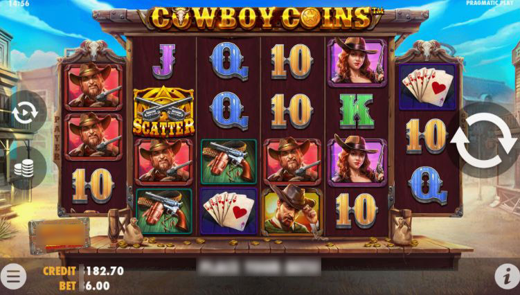 Игровой автомат Cowboy Coins — главный экран с барабанами на фоне салуна