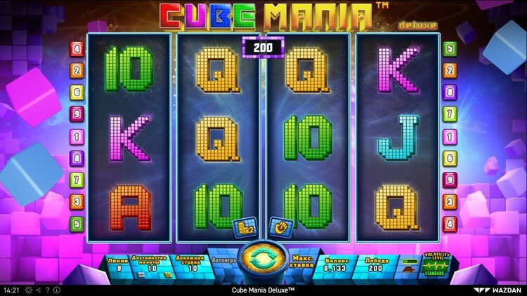 Интерфейс слота Cube Mania Deluxe с яркими неоновыми символами