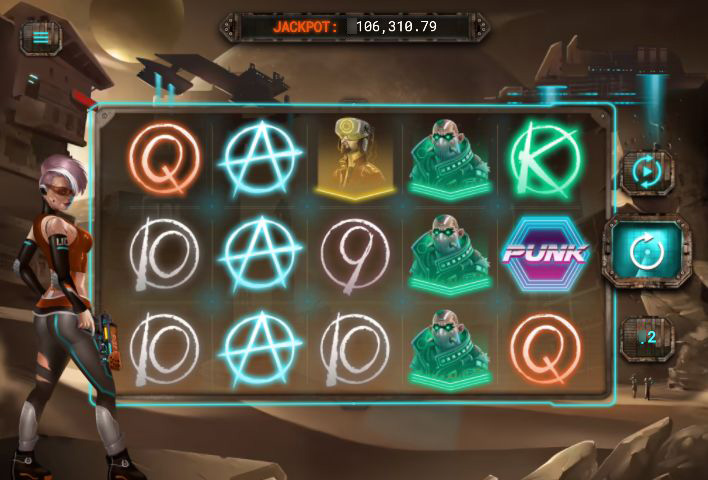 Игровое поле слота Cyberpunk War с неоновыми символами