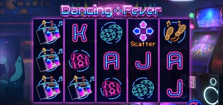 Игровой автомат Dancing Fever с неоновыми символами, танцевальной темой и барабанами 5x3