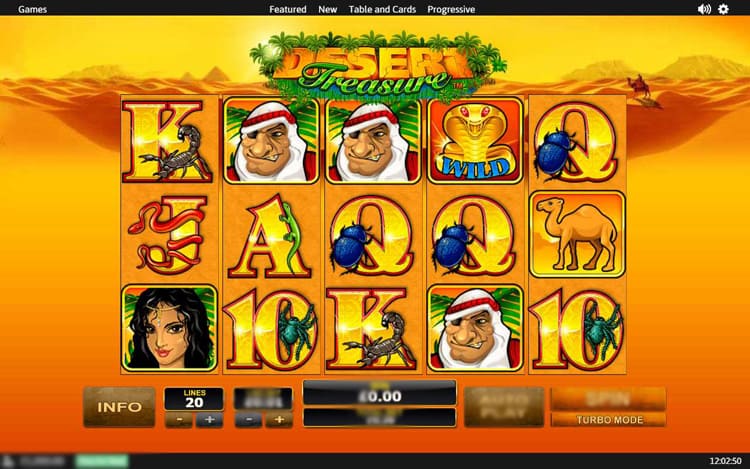 Игровое поле автомата Desert Treasure с символами: кобра, оазис, верблюд, бедуин