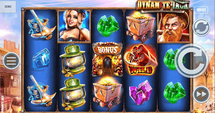 Dynamite Jack на экране смартфона с кладоискателем, динамитом, сокровищами и символами бонусной игры