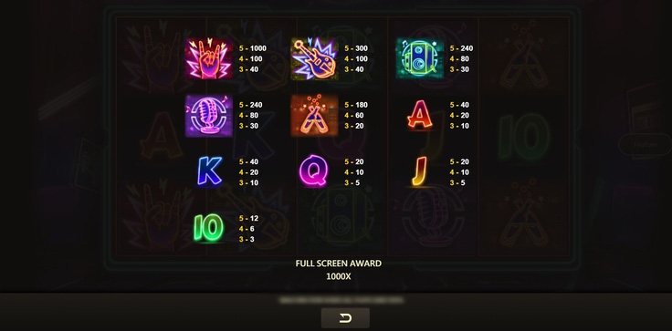 Игровое поле Golden Disco с неоновыми символами, Wild и Scatter на барабанах