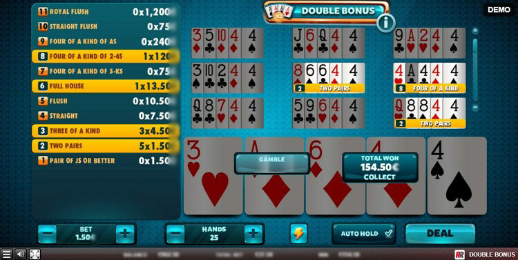 Интерфейс видеопокера Double Bonus с таблицей выплат и картами на столе