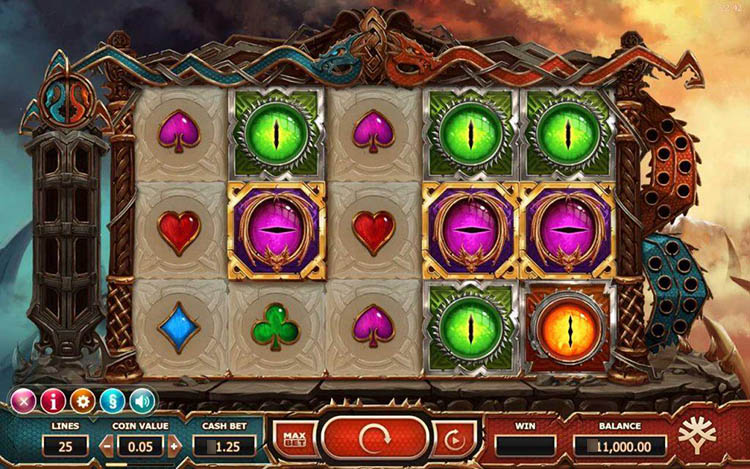 Игровое поле слота Double Dragons с башней и драконами