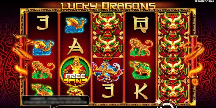 Игровой автомат Lucky Dragons с азиатскими символами удачи на экране ноутбука