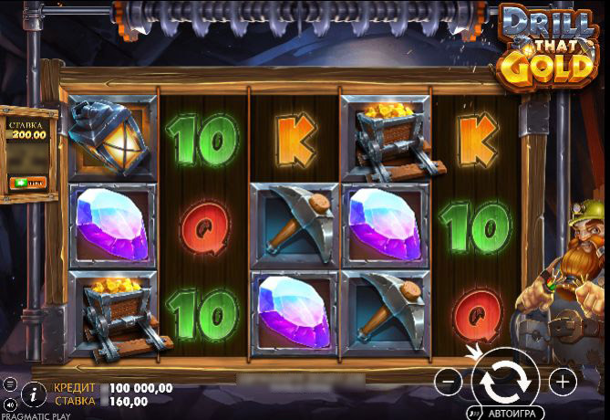Игровое поле слота Drill that Gold с шахтерской тематикой