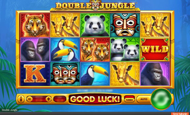 Игровой экран слота Double Jungle — барабаны с животными джунглей на зелёном фоне