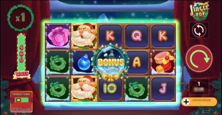 Игровое поле слота JinglePop с рождественским фоном и расширенными барабанами