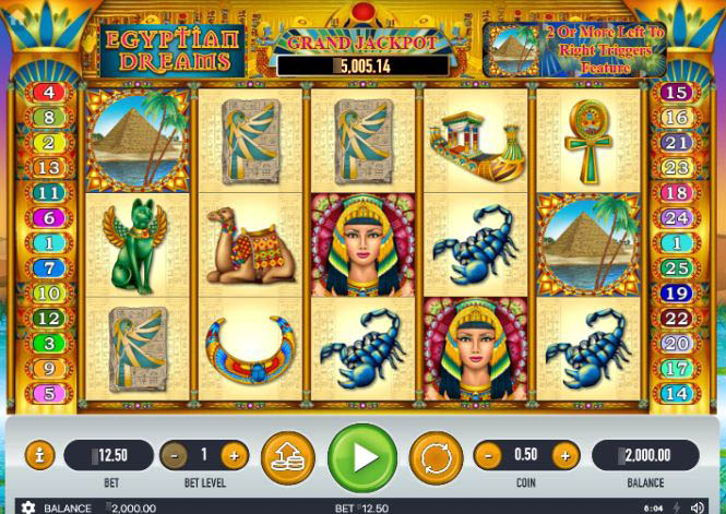 Интерфейс игрового автомата Egyptian Dreams с египетской символикой