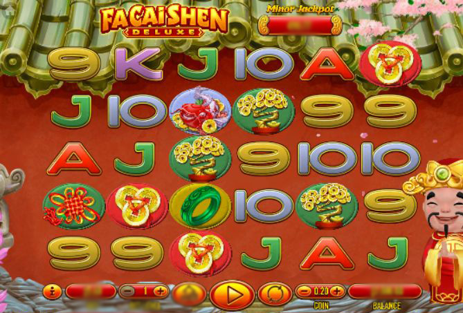 Игровое поле слота Fa Cai Shen Deluxe с драконами и золотыми монетами