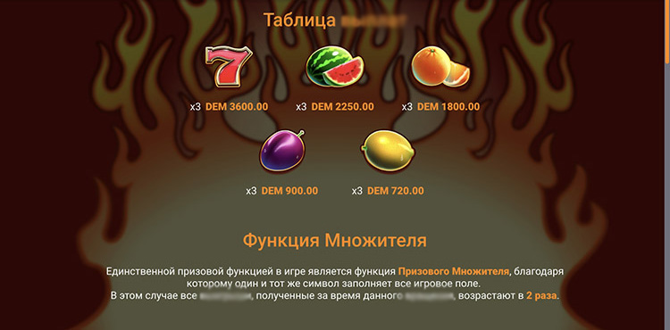 Крупный план таблицы выплат слота Hot Fruits On Fire с выделенными высокооплачиваемыми символами