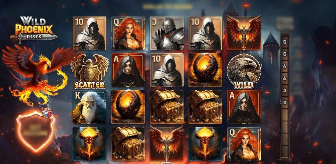 Игровой автомат Wild Phoenix Rises, главный экран с барабанами и символами